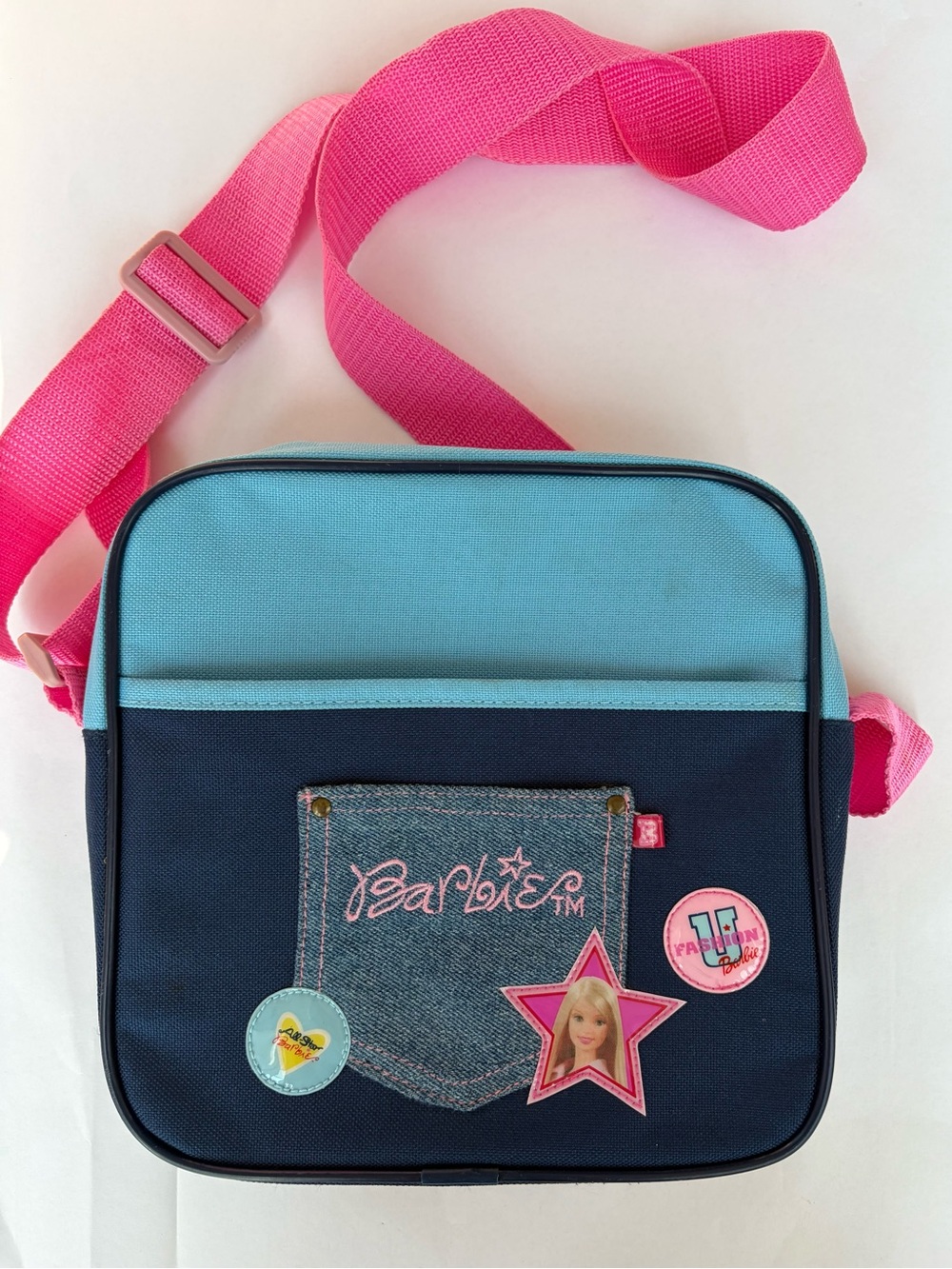 Y2K Barbie Crossbody Bag - Hot Pink Strap, Light Blue & Navy Body